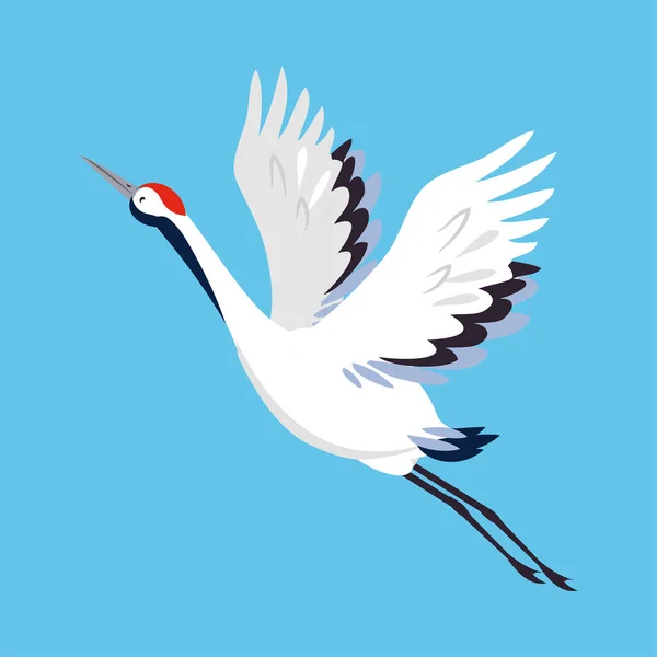 青い背景に広がる翼を持つ長い脚と長い首を持つ鳥の飛行として赤い冠クレーンベクトルイラスト — ストックベクタ