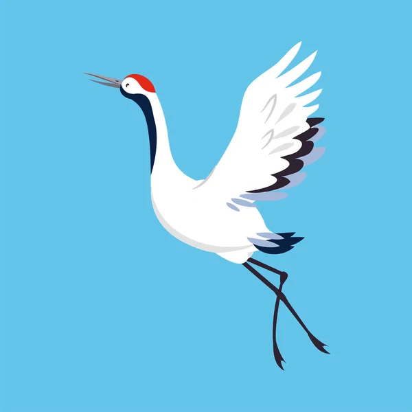 Guindaste coroado vermelho como pássaro de pernas compridas e pescoço comprido voando com asas espalhadas na ilustração do vetor de fundo azul — Vetor de Stock