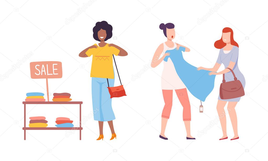 Female Customer Choosing Clothes in Fashion Store Vector Set