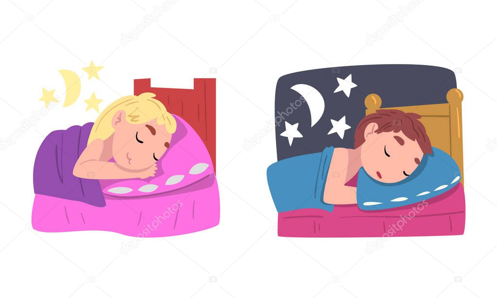 Little Boy and Girl Sleeping in Their Bed at Night Vector Set