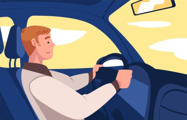 Sürücü koltuğunda oturan Erkek Karakteri Araç Vektör İllüstrasyonu