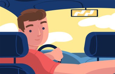 Sürücü koltuğunda oturan Erkek Karakteri Araç Vektör İllüstrasyonu