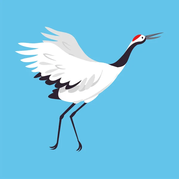 青い背景に広がる翼を持つ長い脚と長い首を持つ鳥として赤い冠鶴ベクトルイラスト — ストックベクタ
