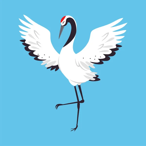 Guindaste Coroado Vermelho como Pássaro de Perna Longa e Pescoço Longo em pé com Asas Espalhadas na Ilustração do Vetor de Fundo Azul — Vetor de Stock