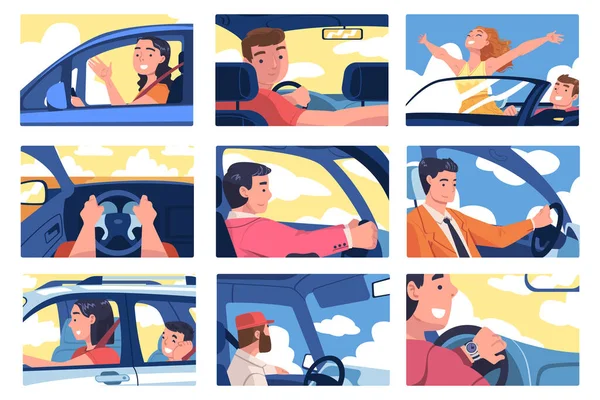 Personaje de la gente conduciendo sentado en el asiento del conductor dentro del vehículo Vector Illustration Set — Vector de stock