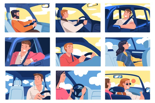 People Character Driving Car Sitting on Driver Seat Inside Vehicle Vector Illustration Set — Stock Vector