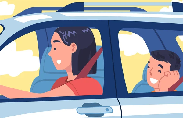 Personaje de la mujer que conduce el coche sentado en el asiento del conductor con el pasajero dentro del vehículo Vector ilustración — Vector de stock