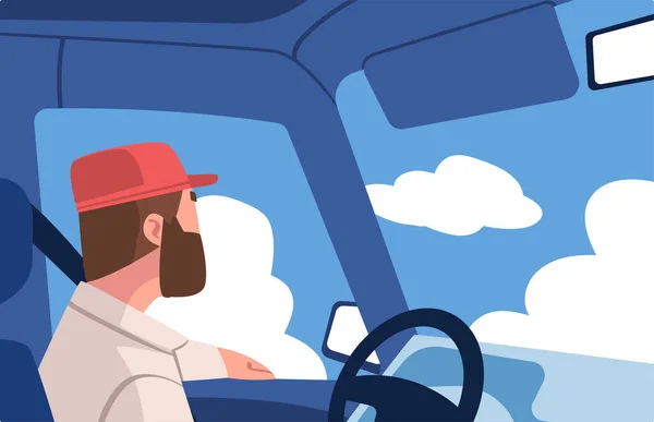 Автомобиль с бородой сидит на водительском сидении внутри Векторная иллюстрация транспортного средства — стоковый вектор