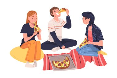 Arkadaş Karakteri Grubu Pizza Vector İllüstrasyonuyla Evde Oturarak Yemek Yiyor