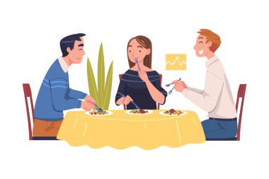 Arkadaş Karakteri Grubu Masa Vektörü İllüstrasyonunda Oturarak Yemek Yiyor