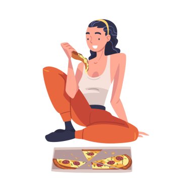 Evde Yemek Yiyen Kadın Karakteri Pizza Vector İllüstrasyonuyla Yerde Oturuyor