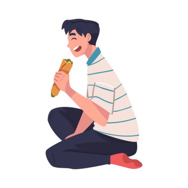 Erkek Karakteri Evde Yemek Yiyor Yerde Burrito Vektör İllüstrasyonuyla Oturuyor