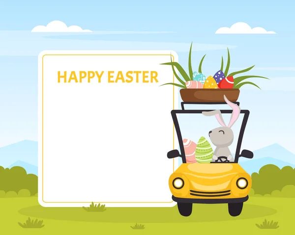 Empty Greeting Card with Easter Bunny Character Driving Car with Decorated Colored Eggs Vector Illustration — Stock Vector