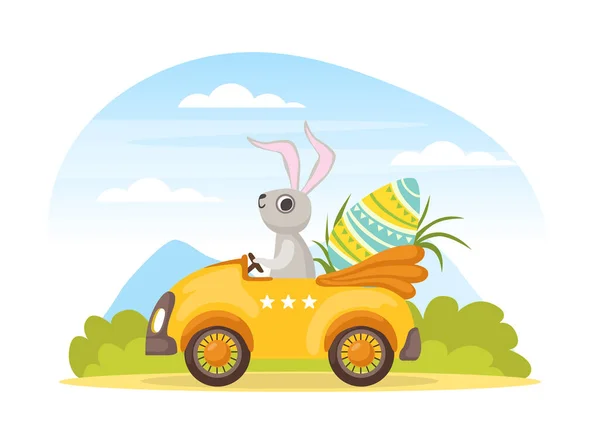 Conejo de Pascua personaje coche de conducción con huevos de colores decorados Vector Ilustración — Vector de stock
