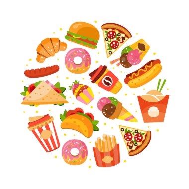 Sosisli Fast Food ve Çember Vektör Şablonunda Pizza