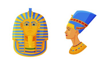 Nefertiti Bust ve Firavun Head Büyük Mısır Kraliyet Eşi ve Kral Vektör Set rolünde