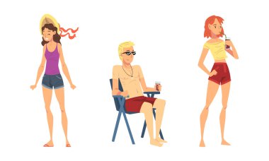 Gevşek İnsanlar Şort ve Güneş Gözlüklü Karakteri Sandalye Vektörü Seti 'nde Duruyor ve Oturuyor