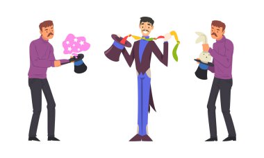 Man Magician with Top Hat Performing Different Magic Tricks on Stage with Rabbit and Ribbon Vector Set vector Man Magician with Top Hat Performing Different Magic Tricks on Stage with Rabbit and Ribbon Vector Set vector