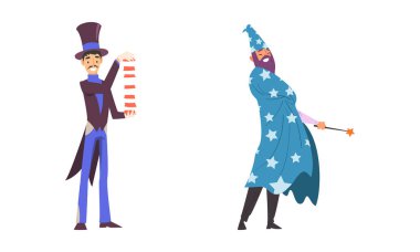 Man Magician with Top Hat Performing Different Magic Tricks on Stage with Cards and Wand Vector Set vector Man Magician with Top Hat Performing Different Magic Tricks on Stage with Cards and Wand Vector Set vector