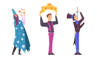 Man Magician with Top Hat Performing Different Magic Tricks on Stage Swallowing Sword and Juggling Stars Vector Set vector Man Magician with Top Hat Performing Different Magic Tricks on Stage Swallowing Sword and Juggling Stars Vector Set vector