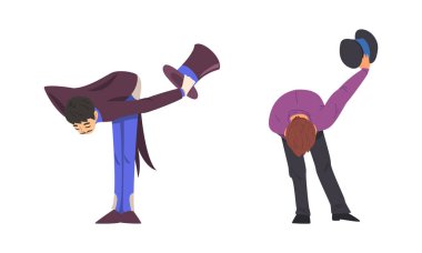 Man Magician with Top Hat Performing Different Magic Tricks on Stage Bowing to the Audience Vector Set vector Man Magician with Top Hat Performing Different Magic Tricks on Stage Bowing to the Audience Vector Set vector