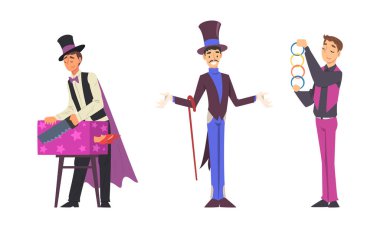 Man Magician with Top Hat Performing Different Magic Tricks on Stage with Saw and Rings Vector Set vector Man Magician with Top Hat Performing Different Magic Tricks on Stage with Saw and Rings Vector Set vector