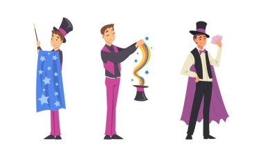 Man Magician with Top Hat Performing Different Magic Tricks on Stage with Cards and Wand Vector Set vector Man Magician with Top Hat Performing Different Magic Tricks on Stage with Cards and Wand Vector Set vector
