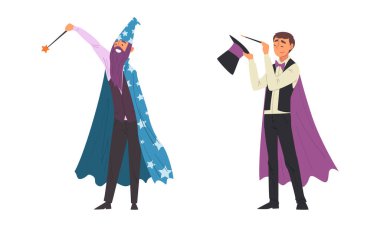 Man Magician with Top Hat Performing Different Magic Tricks on Stage with Wand Vector Set vector Man Magician with Top Hat Performing Different Magic Tricks on Stage with Wand Vector Set vector