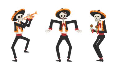 Meksika İskeleti Sombrero Şapkalı Müzikal Enstrüman Çalıyor ve Dans Eden Vektör Seti