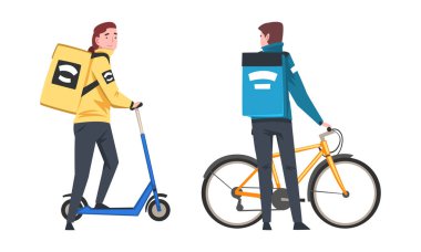 Food Delivery Courier Service with Man on Scooter and Bicycle Carrying Bag Vector Set clipart