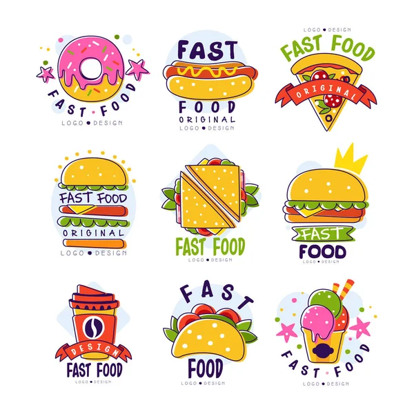 サンドイッチとハンバーガー要素ベクトルセットでファーストフードのロゴ — ストックベクタ