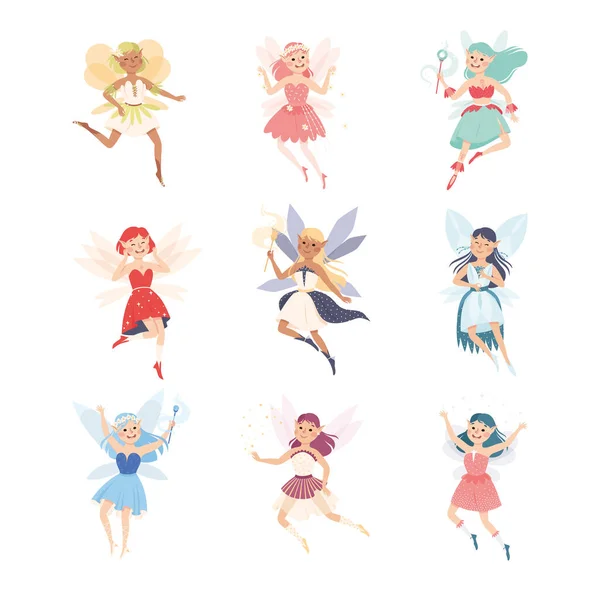 Cute Girl Fairy with Wings Flying with Magic Wand Vector Set — Stock Vector