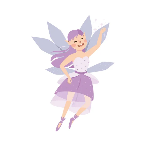 Linda chica de hadas con el pelo púrpura volando con alas Vector Ilustración — Archivo Imágenes Vectoriales