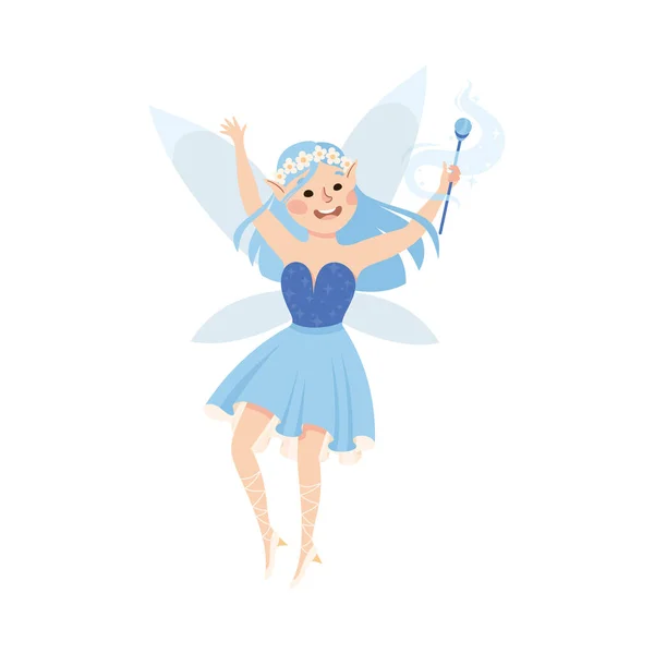 Linda chica de hadas volando con alas sosteniendo varita mágica Vector Ilustración. Little Pixie en vestido bonito revoloteando como criatura fantástica desde el concepto de cuento de hadas — Archivo Imágenes Vectoriales