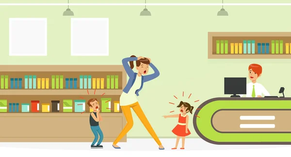Mother Trying to Cope with Childrens Hysteria in Store Having Difficulty Raising Hyperactive Kids Vector Illustration — Stock Vector