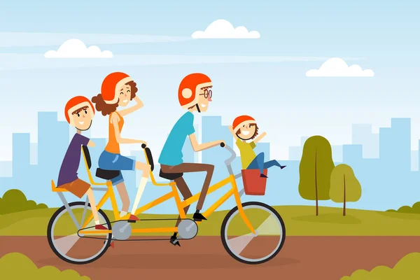 Happy Family Riding Bike Engaged in Weekend Activity Vector Illusztráció — Stock Vector