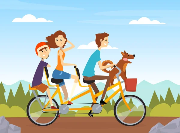 Bicicleta de equitação familiar feliz envolvida na ilustração do vetor da atividade do fim de semana —  Vetores de Stock