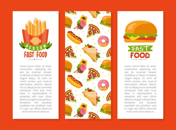 Scheda Verticale con Fast Food con Modello Hot Dog e Pizza Vector — Vettoriale Stock