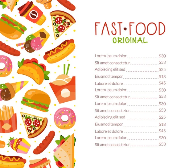 Fast Food Menu Card con Hot Dog e Pizza Vector Template — Vettoriale Stock