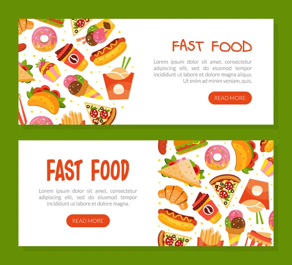 Página de aterrizaje de comida rápida con plantilla de vectores de hot dog y pizza — Vector de stock
