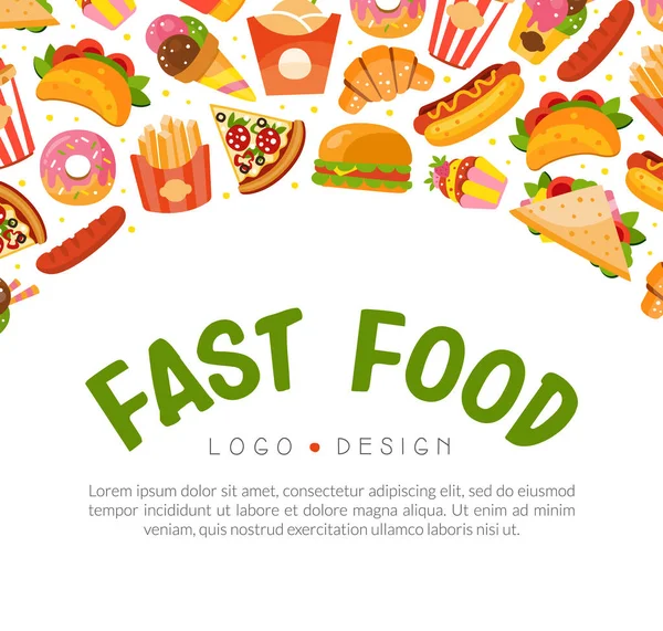 Scheda Quadrata con Fast Food con Modello Hot Dog e Pizza Vector — Vettoriale Stock