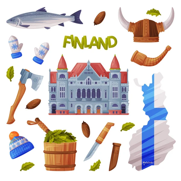 Finland Symbol och attribut med National Theater och Bastu Vector Set — Stock vektor