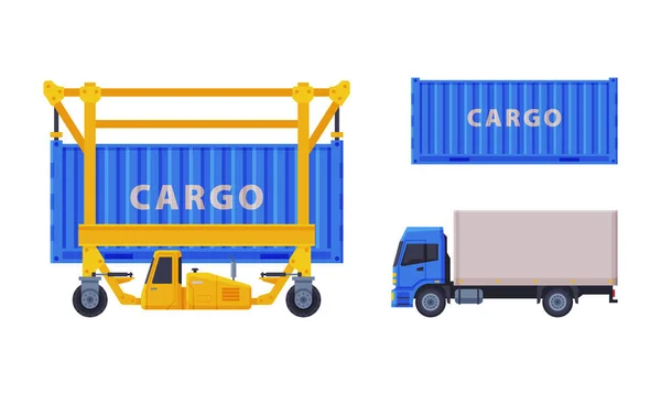 Caminhão grande como transporte de carga e recipiente de metal como conjunto de vetores de serviço de entrega de carga —  Vetores de Stock