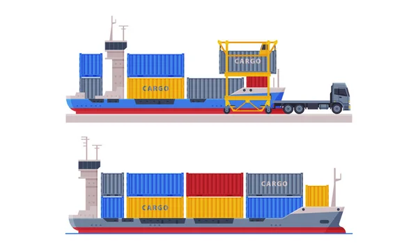 Barcaza con contenedor de carga metálica como conjunto de vectores de servicio de entrega de carga — Archivo Imágenes Vectoriales