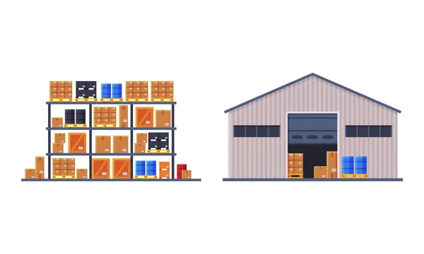 Entrepôt et rack avec caisse et boîte comme ensemble vecteur de service de livraison de fret — Image vectorielle