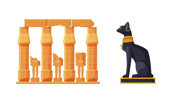 Bastet Black Cat socha a kamenný památník jako starověké egyptské božstvo a architektura vektor Set — Stockový vektor