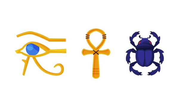 Ojo de Horus, Ankh Llave y Escarabajo Escarabajo como Antiguo Símbolo Egipcio Conjunto de Vectores — Vector de stock
