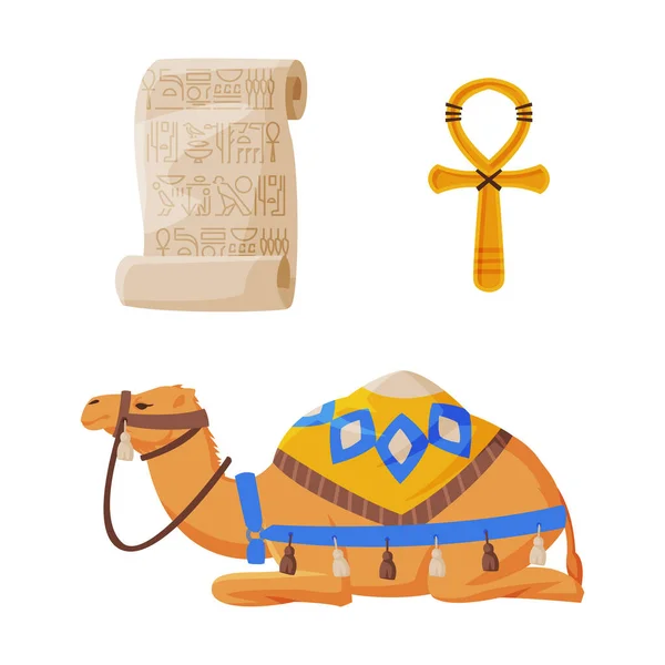 Ankh Key, Kamel mit Geschirr und Papyrus als altägyptisches Symbol-Vektor-Set — Stockvektor