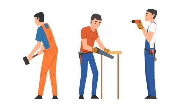 Handyman o Fixer come uomo qualificato con sega e martello impegnati nella riparazione domestica Set vettoriale di lavoro — Vettoriale Stock