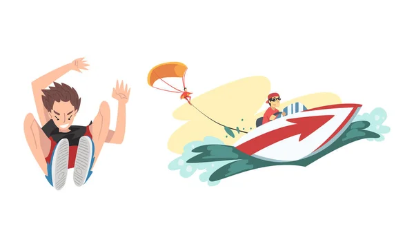 Man Jumping with Parachute and Parasailing Engaged in Extreme Sport Activity Vector Set — Stock Vector